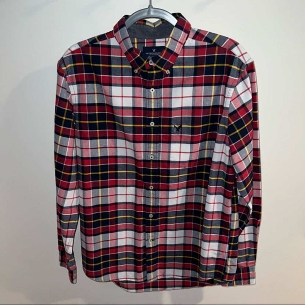 American Eagle Red, White, Yellow, and Navy Plaid Button Down Shirt‎